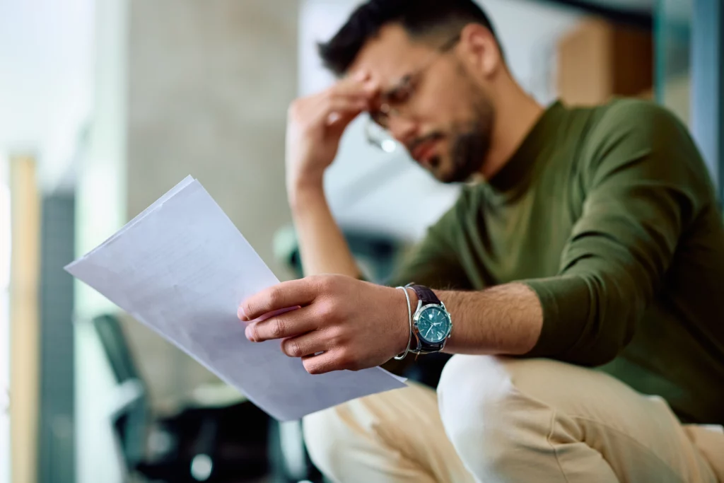 Man in green sweater and glasses looking intently at document, holding head in concern